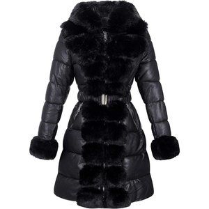 Women Puffer Coat/Parka with Long Fur Collar Hooded Winter Fashion Belted-Black